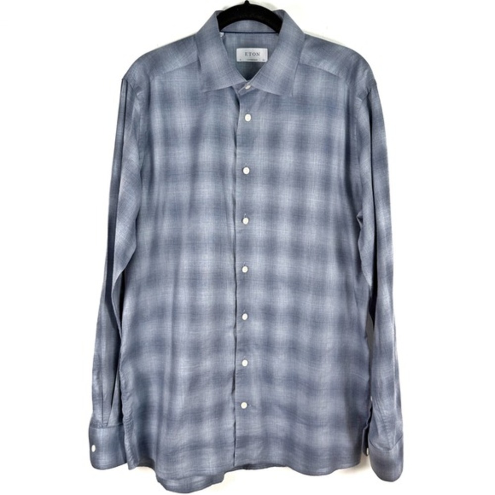Eton Contemporary Plaid Button Down Shirt‎ Men's 16 1/2 Blue Gray Dress